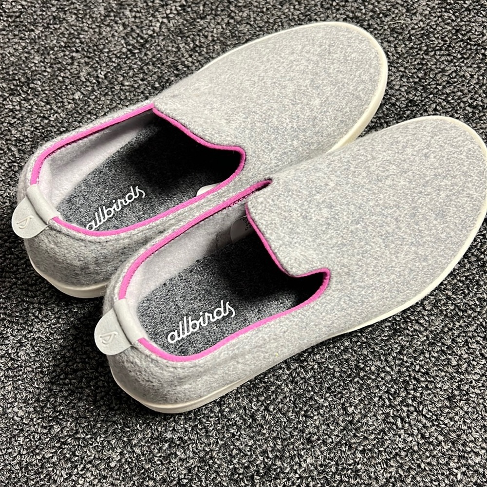 Allbirds slip on shoes, size youth 1 grey with purple trim